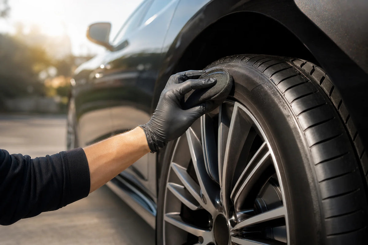 Een foam applicator brengt tire dressing aan op de schone buitenste bandwang van een auto.