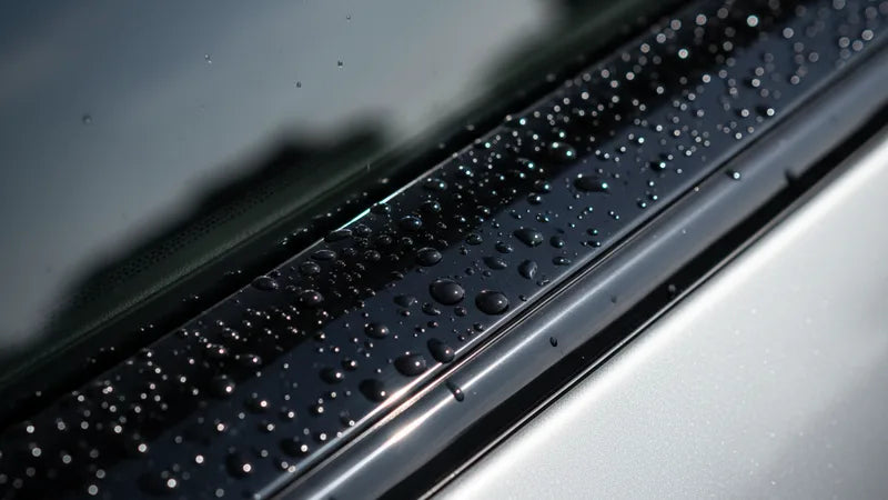 Vervaagde buitentrim herstellen op een auto , zwart kunststof na behandeling met trim restorer