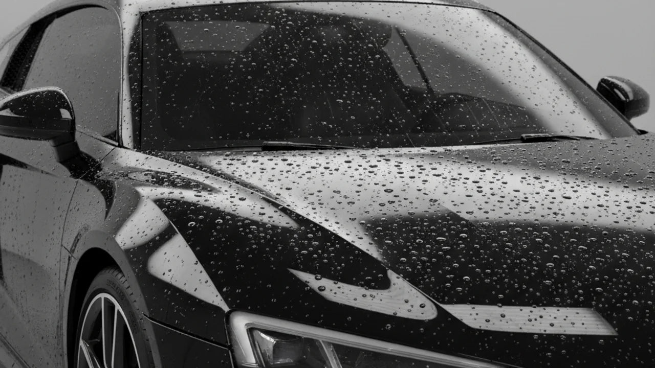 Auto met keramische coating wordt onderhouden met coating booster en microvezeldoek in de schaduw
