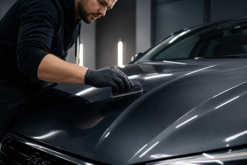 Detailer brengt keramische coating aan op de donkere motorkap van een auto in een schone werkplaats.