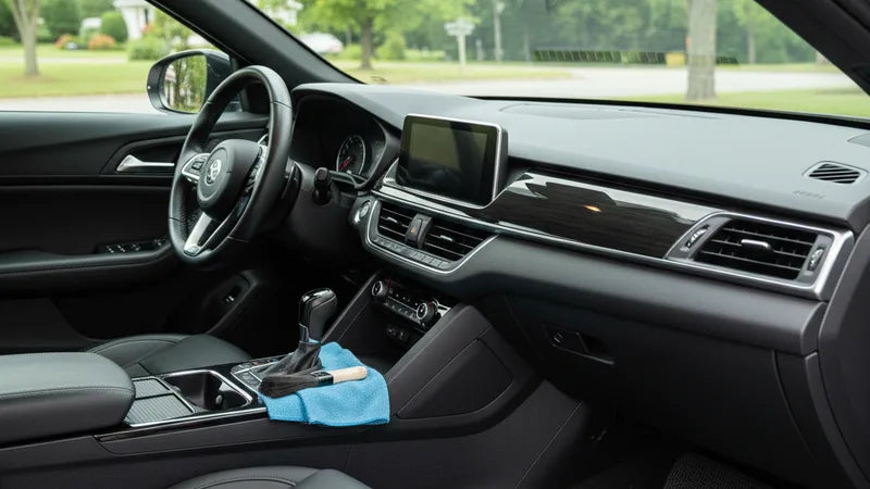 Auto interieur grondig schoonmaken: stofzuiger en detailingborstel reinigen stoelen en vloerbedekking