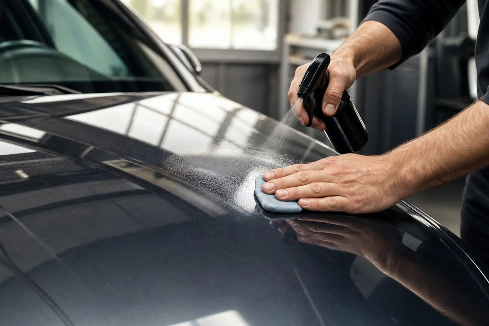 Autoliefhebber kleit voorzichtig een donkere motorkap met glijmiddel en reinigingsklei.