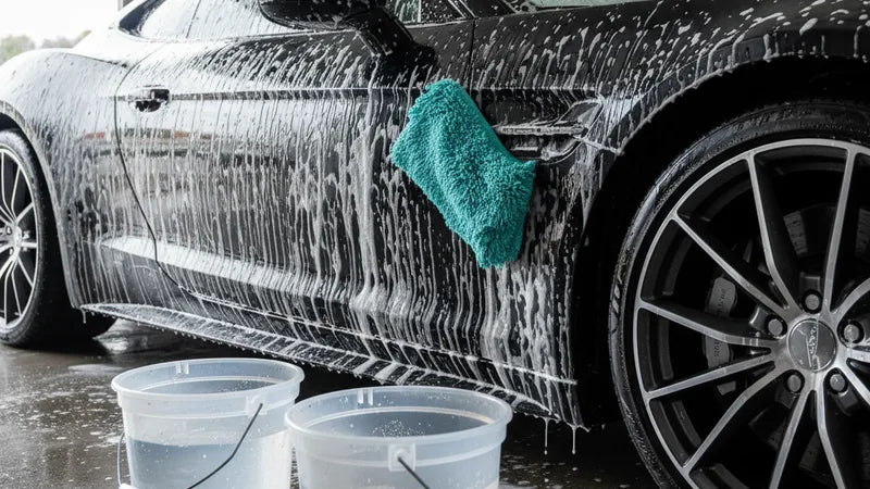 Auto krasvrij wassen met two bucket method: twee emmers en een zachte microvezeldoek op een zwarte auto