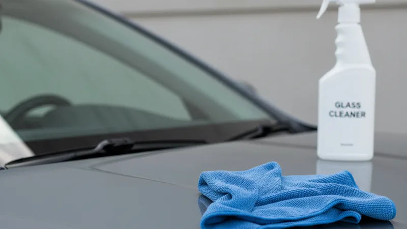 Autoruiten schoonmaken zonder strepen: microvezeldoek en glasreiniger in gebruik op autoruit