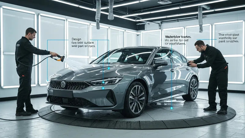 Waterblower die water van een witte auto afblaast voor krasvrij drogen tijdens autodetailing