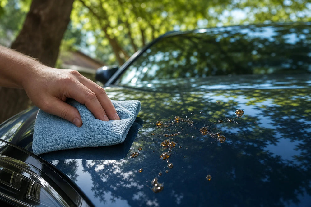 Close-up van boomhars op een donkere motorkap die voorzichtig met een microvezeldoek wordt verwijderd.