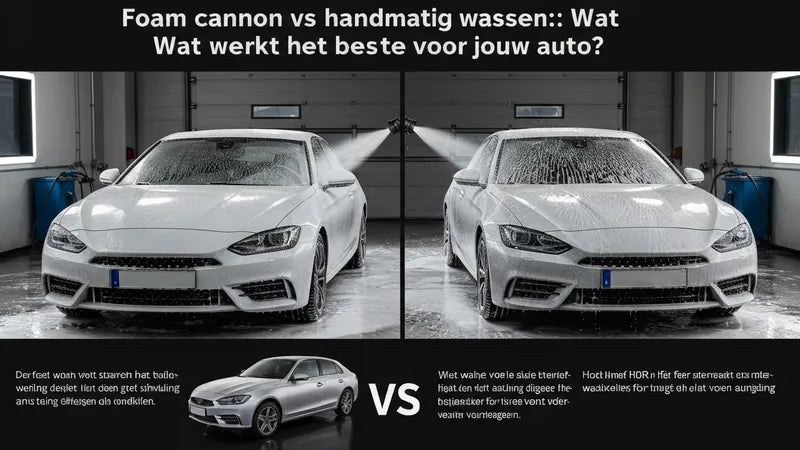 Foam cannon spuit dik schuim op een auto tijdens het wassen, vergeleken met handmatig auto wassen met microvezel washandschoen