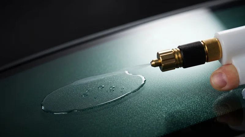 Hydrofobe coating aanbrengen op autoruit met waterdruppels die afparels van het glas