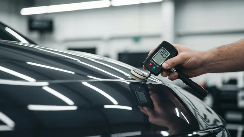 Lakdikte meten op autocarrosserie met lakdiktemeter , µm-waarden uitlezen tijdens autodetailing