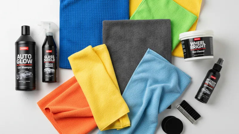 Vergelijking van verschillende microvezeldoeken voor autodetailing: droogdoek, glazendoek en applicatiedoek naast elkaar op een auto