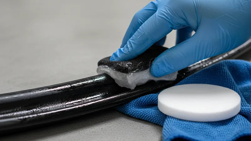 Rubber afdichtingen onderhouden met conditioner op portier auto – close-up autodetailing