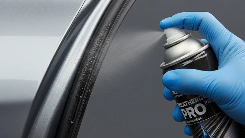 Deurrubbers smeren met rubberverzorgingsproduct om kieren en tocht in de auto te voorkomen