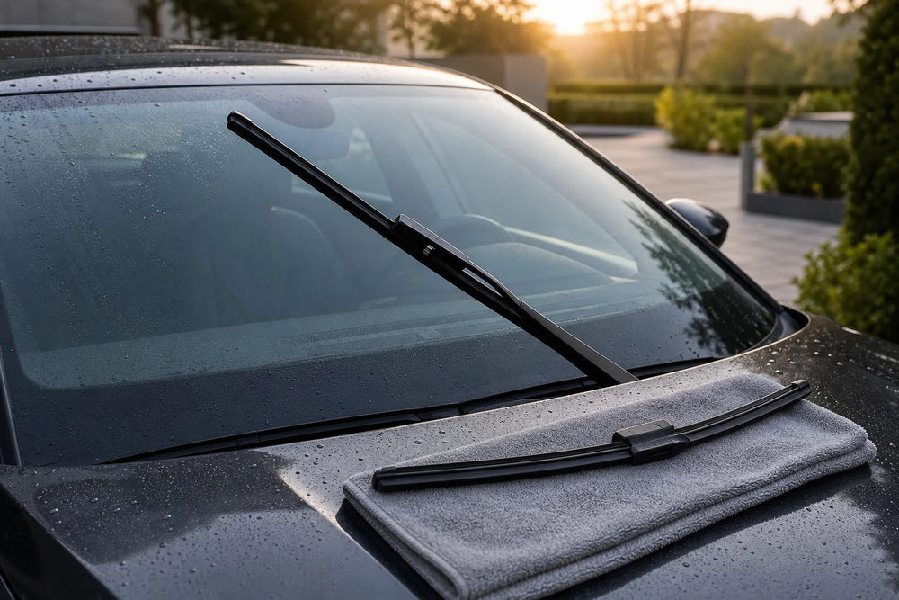 Een schoon ruitenwisserblad wordt naast de voorruit van een auto vervangen.