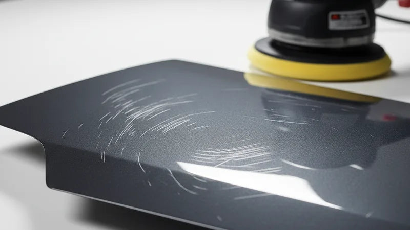 Swirls en krasjes zichtbaar in donkere autolak bij tegenlicht, voor het polijsten en verwijderen van autolak