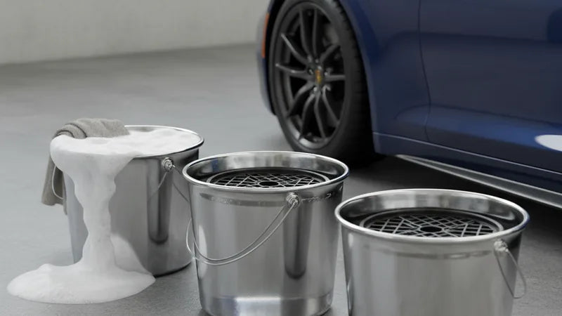 Twee emmers met grit guards voor de twee-emmersmethode bij het handmatig wassen van een auto