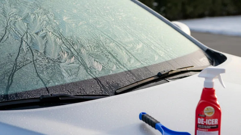 Voorruit ontijzen met ijskrabber op bevroren auto in de winter , veilig zonder schade aan glas of coating