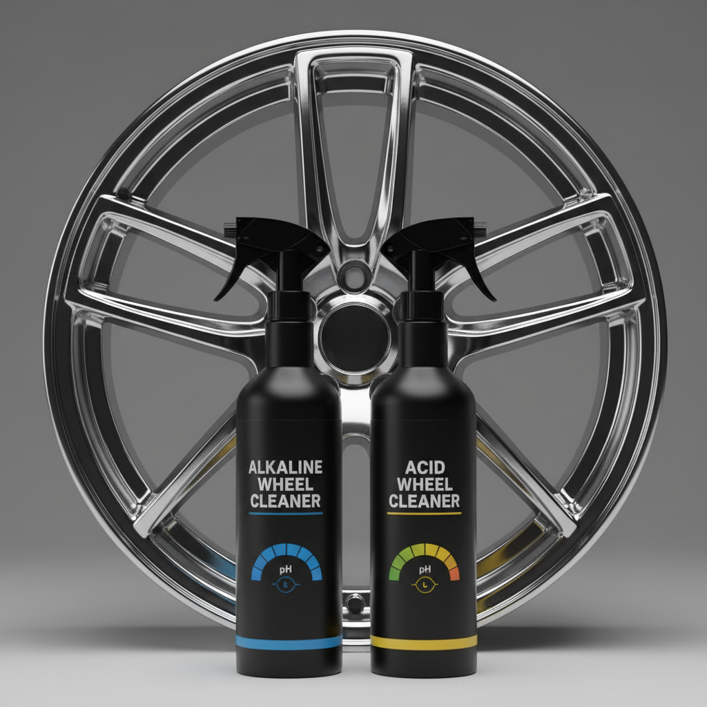 Twee flesjes velgenreiniger , alkalisch en zuur , naast een autowiel