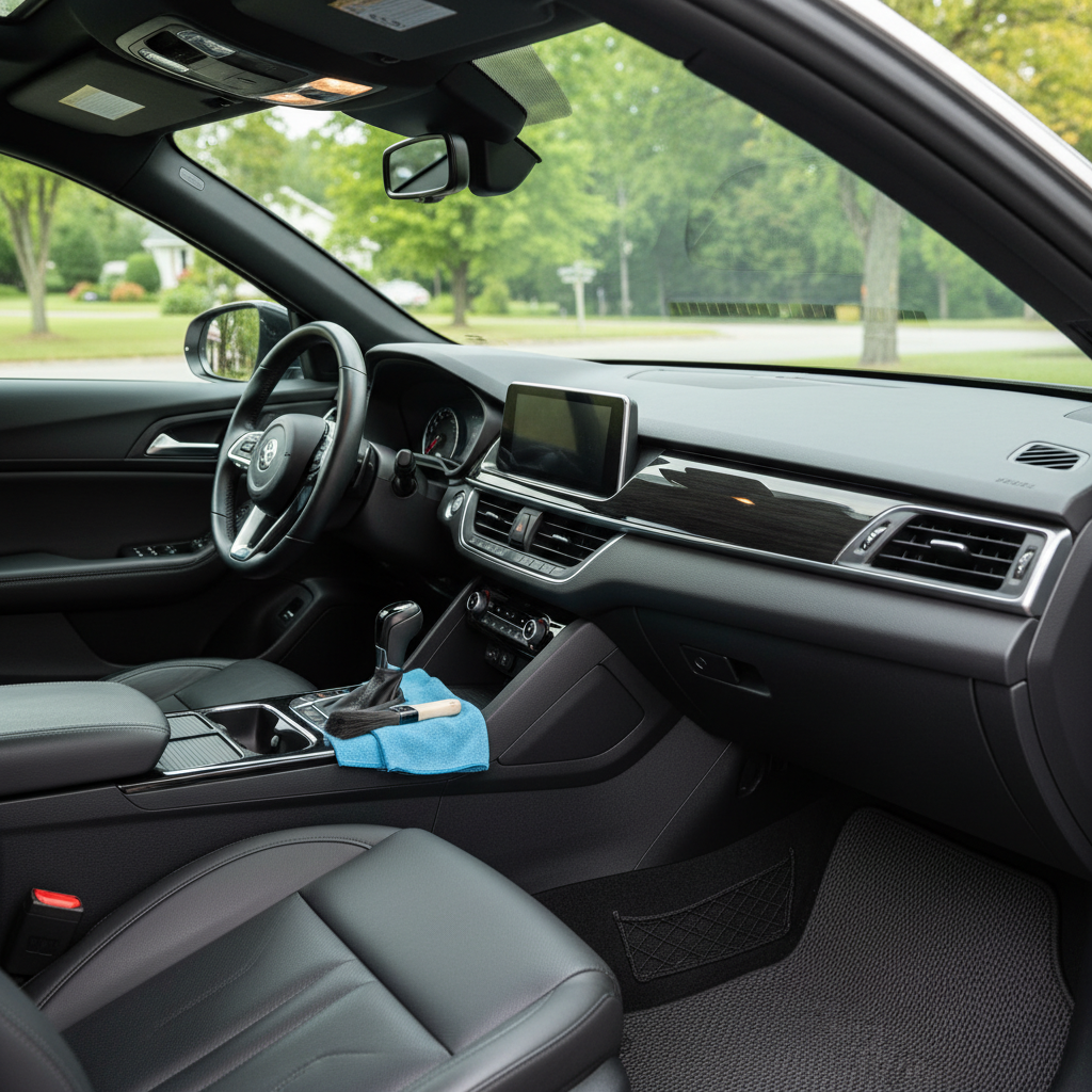 Auto interieur grondig schoonmaken: stofzuiger en detailingborstel reinigen stoelen en vloerbedekking