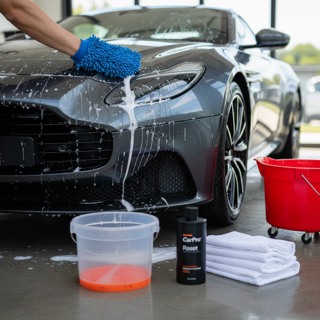 Auto wassen zonder fouten thuis: emmer met zeepwater en microvezel washandschoen naast auto op oprit