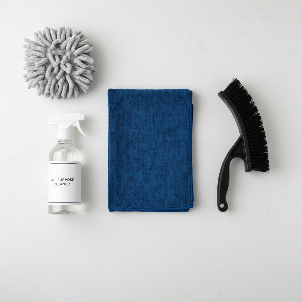 Autodetailing starterspakket met basisproducten zoals shampoo, microvezel doeken en spray wax naast een auto