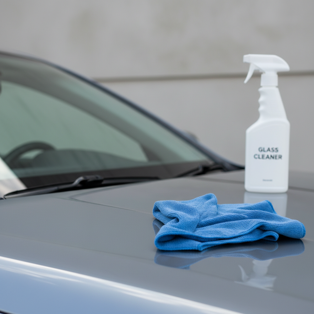 Autoruiten schoonmaken zonder strepen: microvezeldoek en glasreiniger in gebruik op autoruit