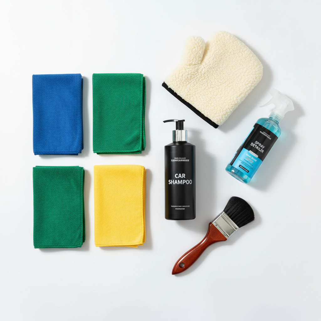 Autodetailing starterskit met autoshampoo, microvezeldoeken en waskruik op een garagevloer , alles wat je nodig hebt als beginner