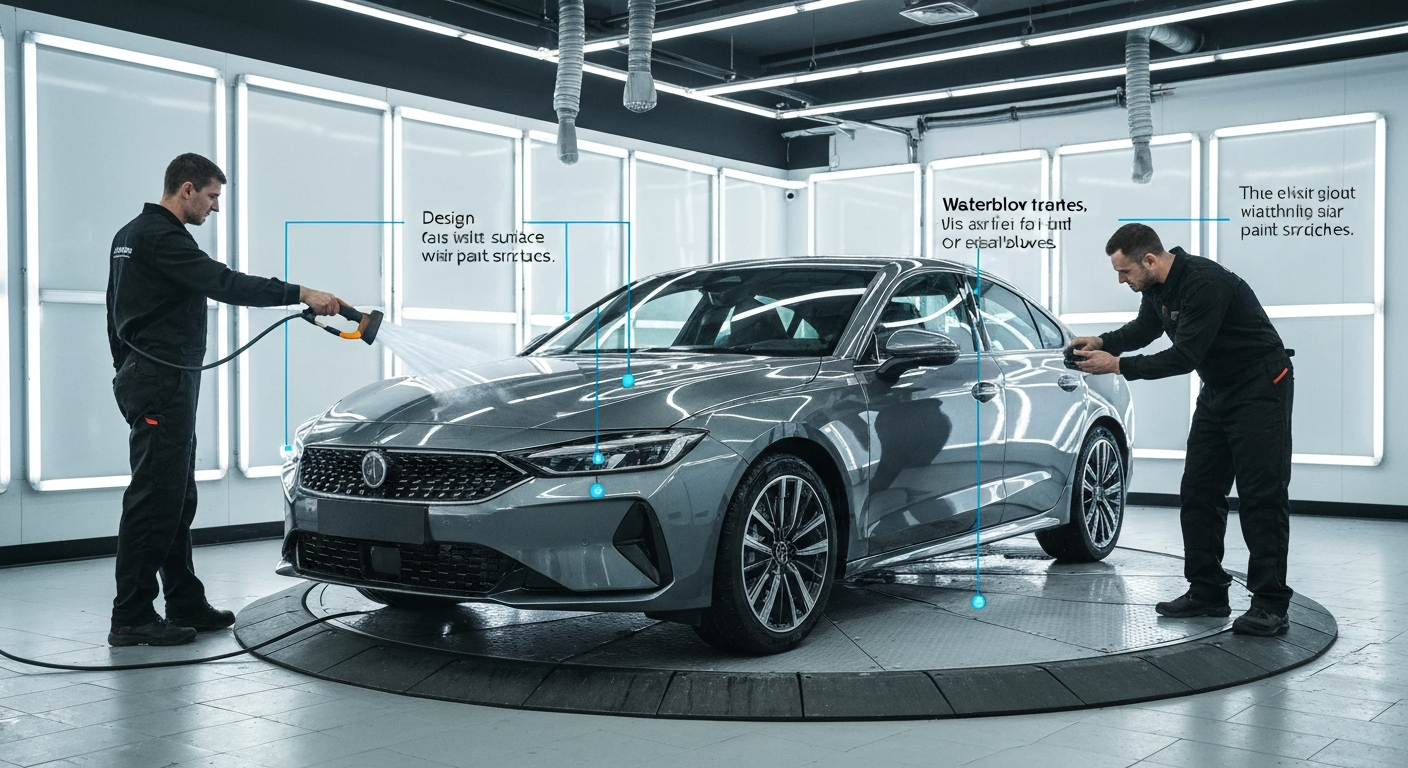 Waterblower die water van een witte auto afblaast voor krasvrij drogen tijdens autodetailing