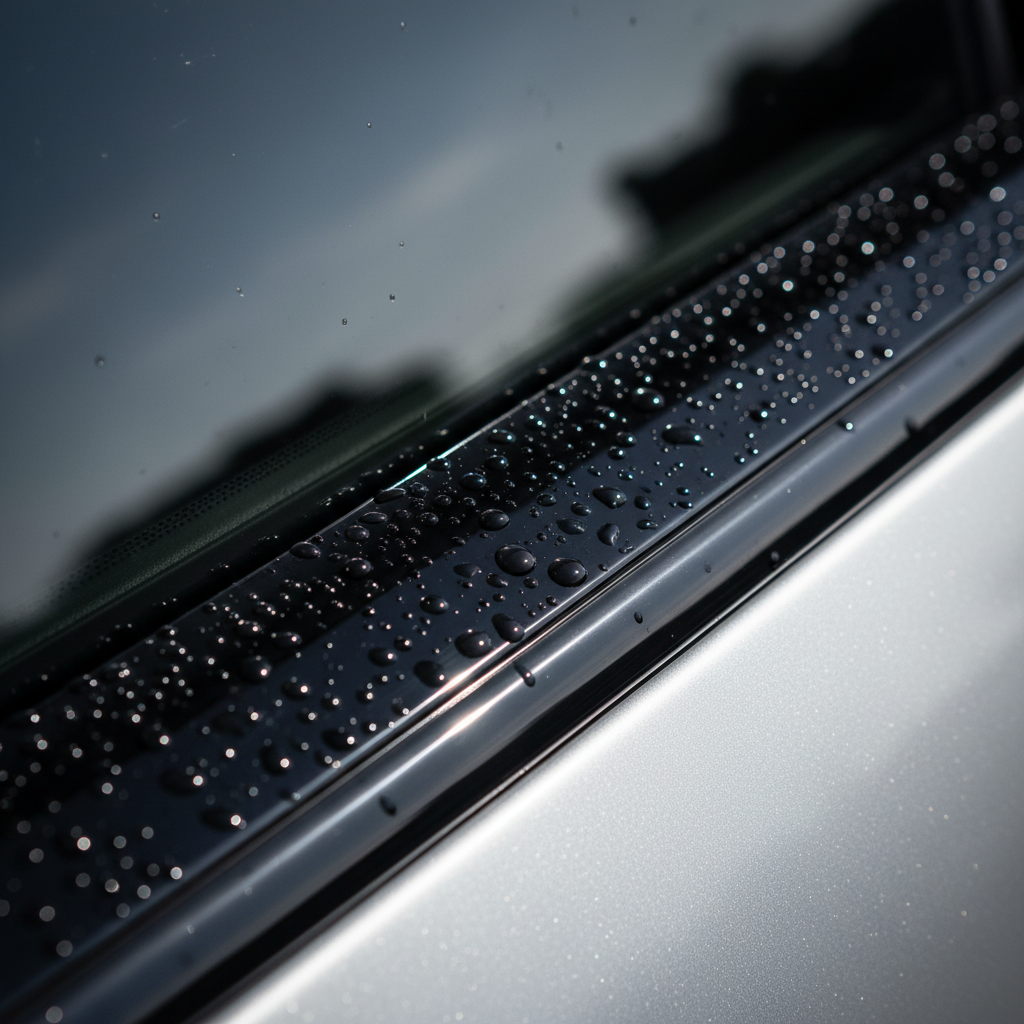 Vervaagde buitentrim herstellen op een auto , zwart kunststof na behandeling met trim restorer