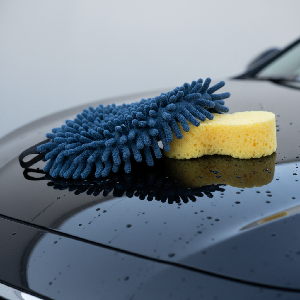 Persoon die een auto wast met spons en emmer in direct zonlicht , veelgemaakte fout die lak beschadigt