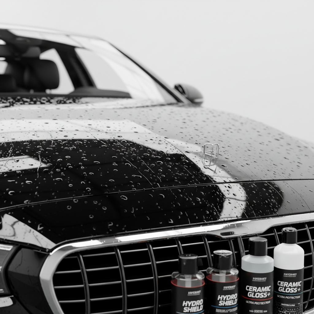 Beste keramische coating producten 2026 – fles coating naast glanzende autolak
