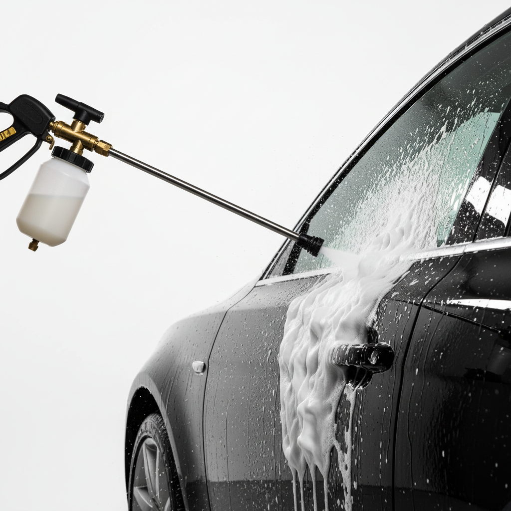 Foam cannon op hogedrukreiniger spuit dikke schuimlaag over een auto tijdens het wassen , foam cannon kopen voor thuisgebruik