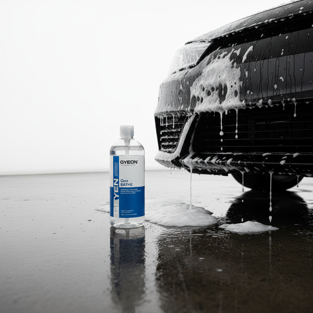 Gyeon Q2M Bathe autoshampoo fles naast een emmer schuim bij een keramisch gecoate auto