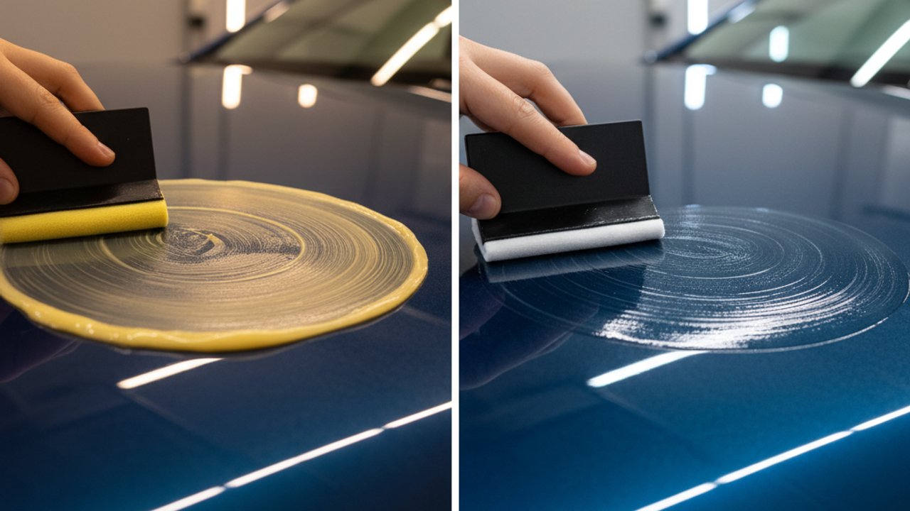 Auto met waterparels na keramische coating aanbrengen, vergeleken met een wax behandeling op lak