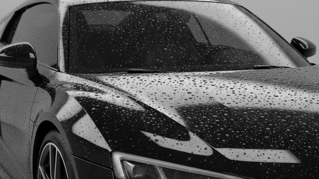 Auto met keramische coating wordt onderhouden met coating booster en microvezeldoek in de schaduw