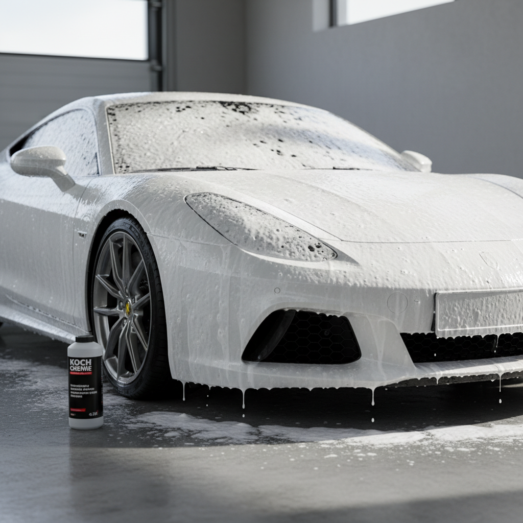 Koch Chemie Gentle Snow Foam fles naast een auto bedekt met dik wit schuim tijdens contactloze voorwas