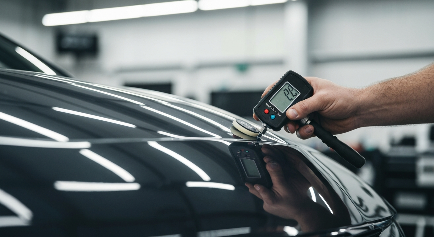 Lakdikte meten op autocarrosserie met lakdiktemeter , µm-waarden uitlezen tijdens autodetailing