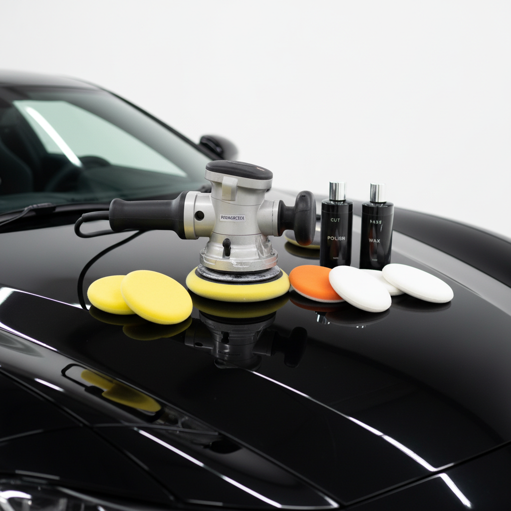 Polijstmachine bezig met lakbewerking op autolak