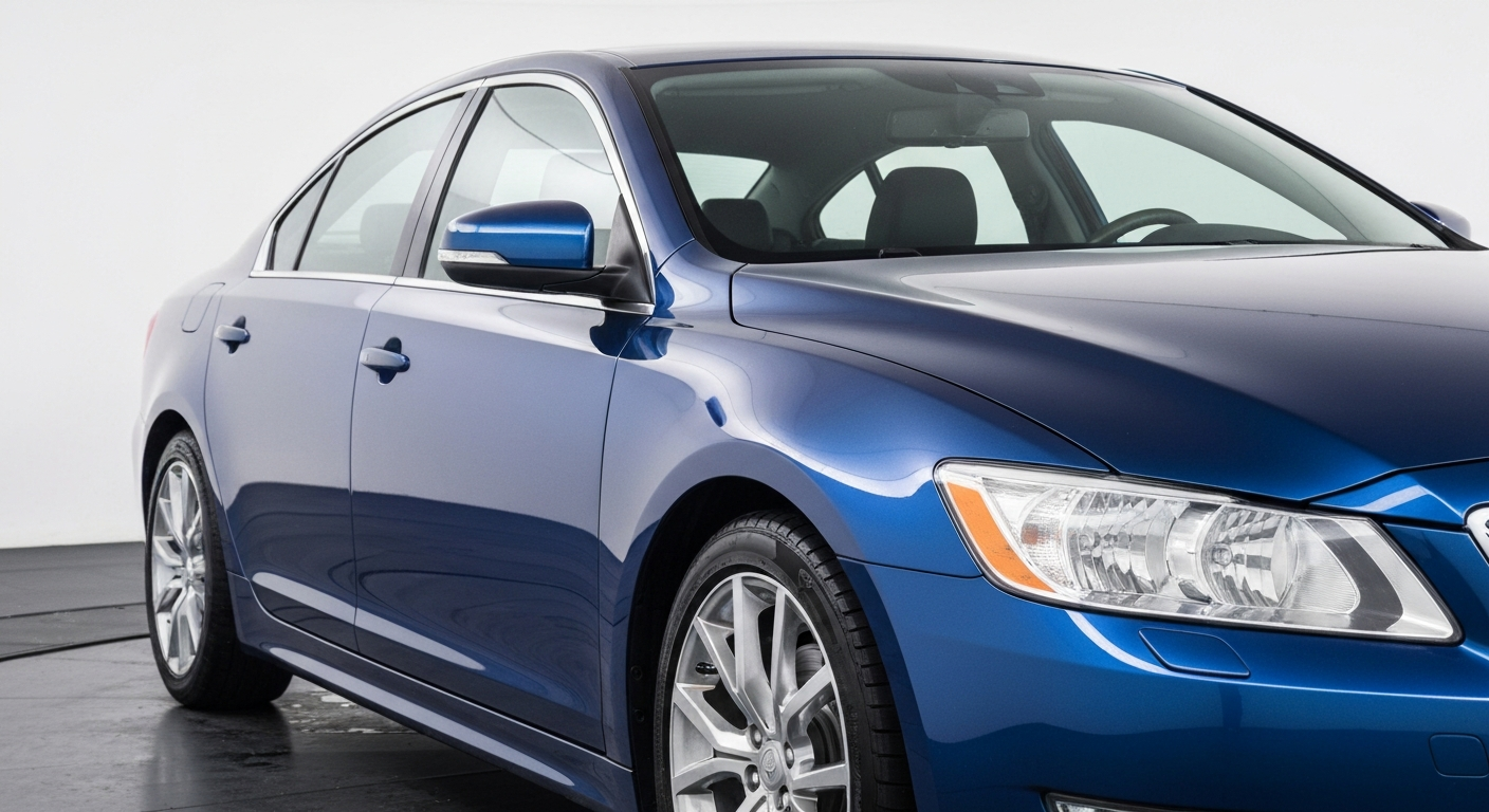 Fles Meguiar's Ultimate Liquid Wax naast een glanzende auto na het waxen in zonlicht