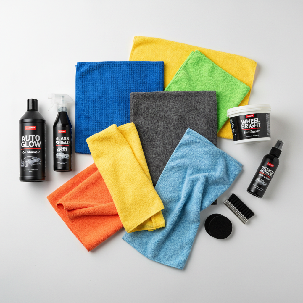 Vergelijking van verschillende microvezeldoeken voor autodetailing: droogdoek, glazendoek en applicatiedoek naast elkaar op een auto