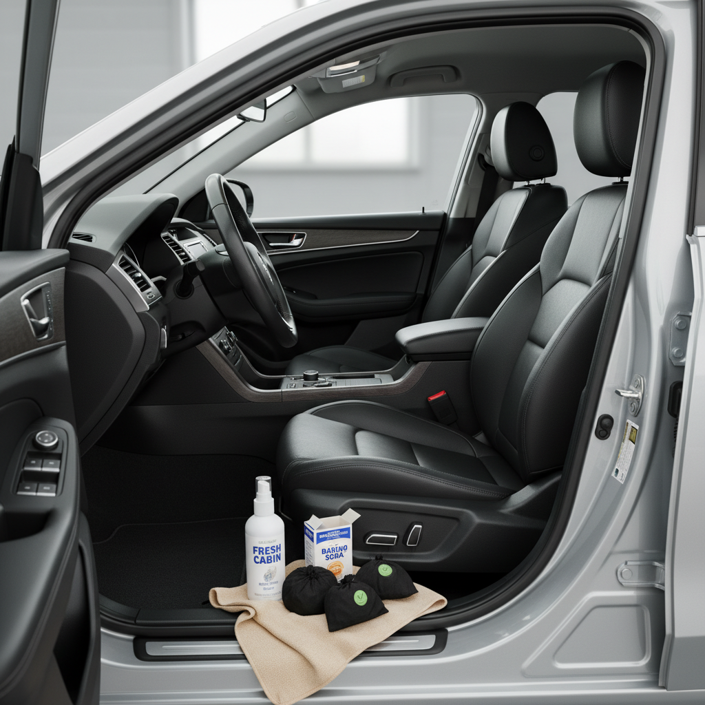 Iemand die nare geuren uit een auto verwijdert met een textielreiniger en borstel op de stoelbekleding