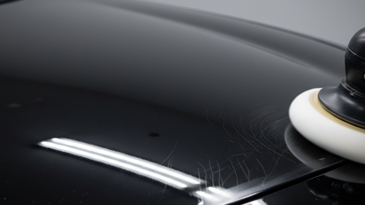 Hand die een one step polish aanbrengt op donkere autolak met een polishing pad