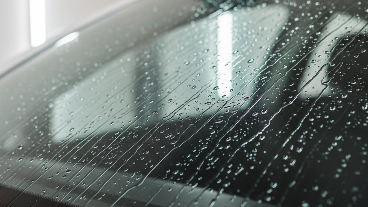 Rain repellent spray aanbrengen op voorruit auto voor regenafstoting