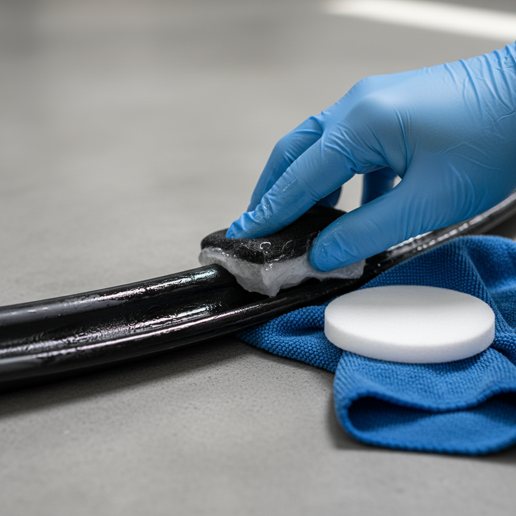 Rubber afdichtingen onderhouden met conditioner op portier auto – close-up autodetailing