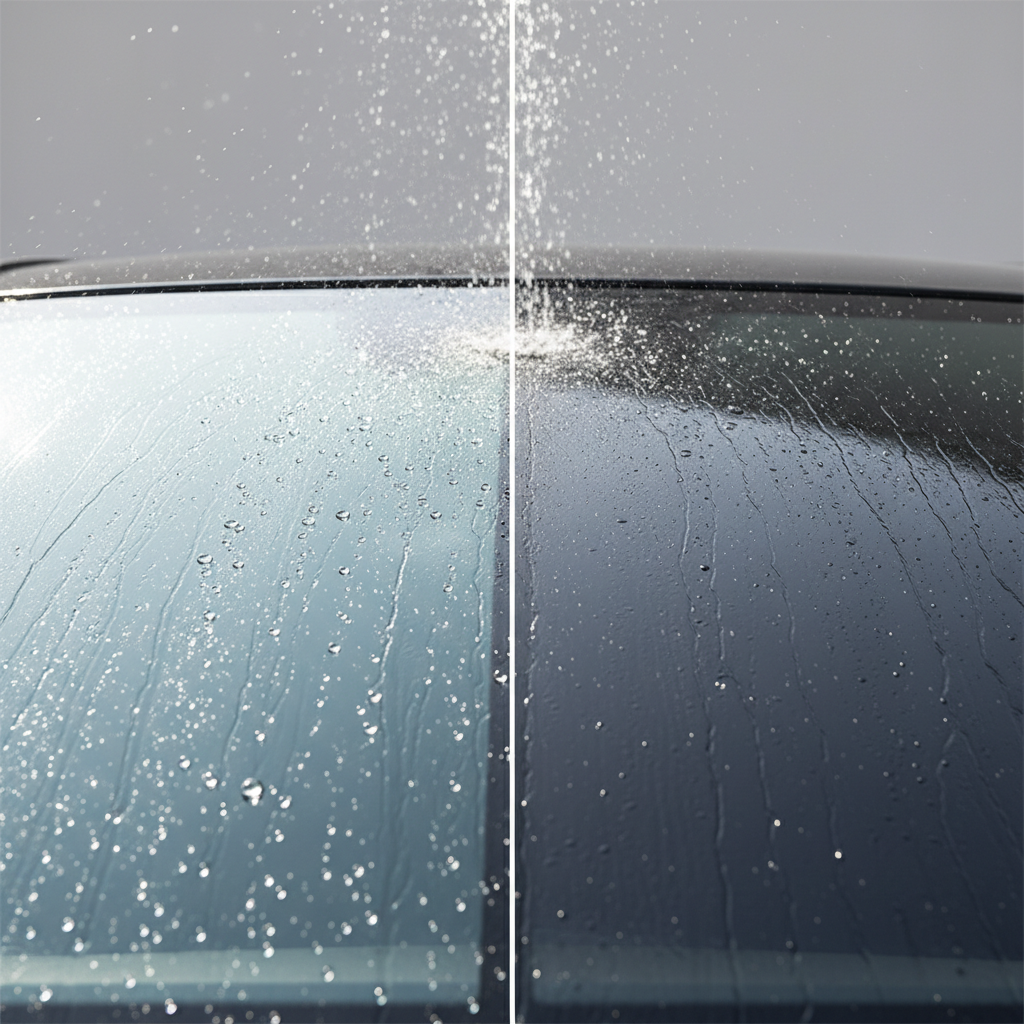 Ruitfolie versus hydrofobe coating op autoruiten vergeleken bij regenachtig weer