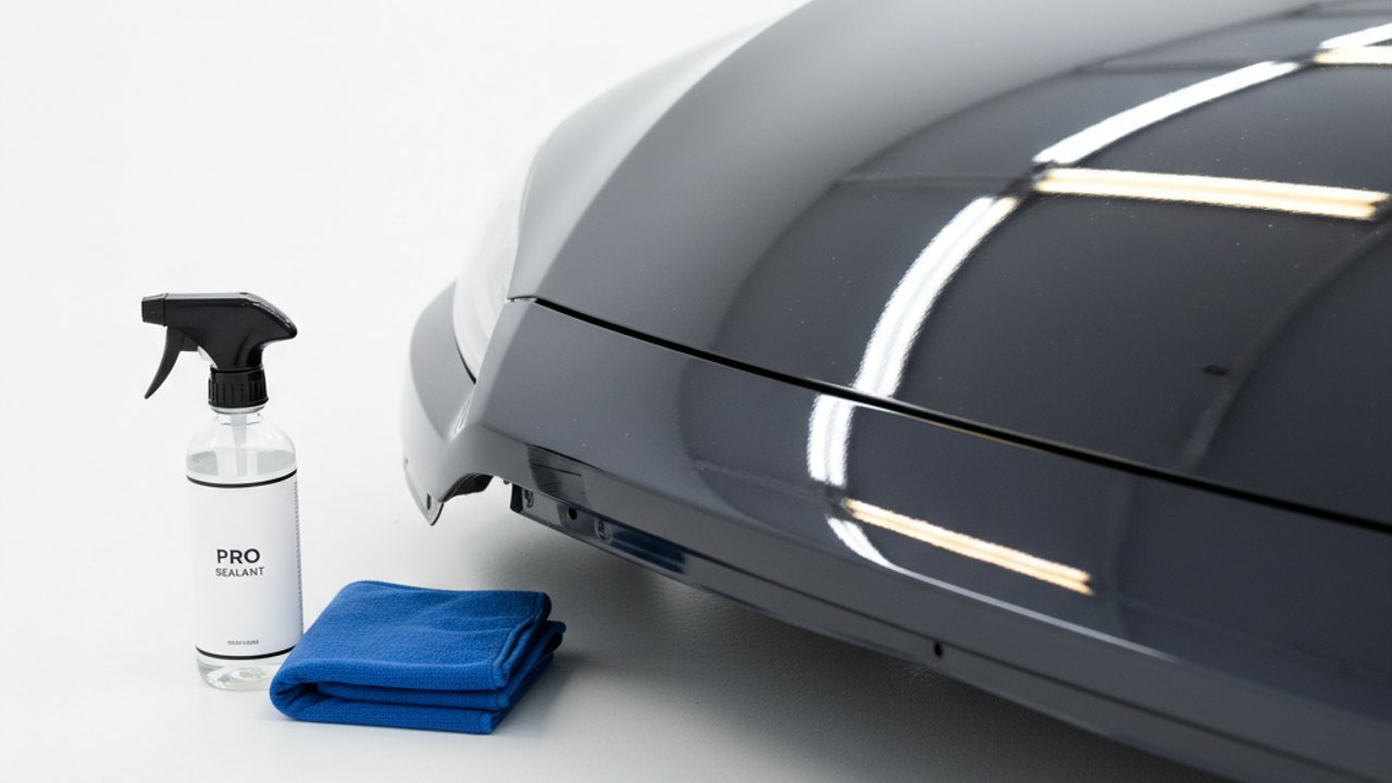 Hand die sealant aanbrengt op donkere autolak met een applicatorpad bij daglicht