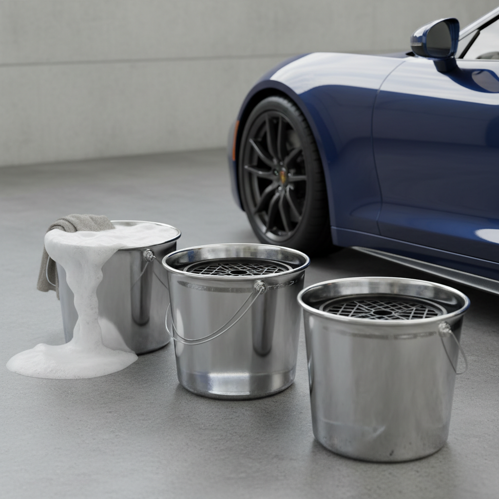 Twee emmers met grit guards voor de twee-emmersmethode bij het handmatig wassen van een auto