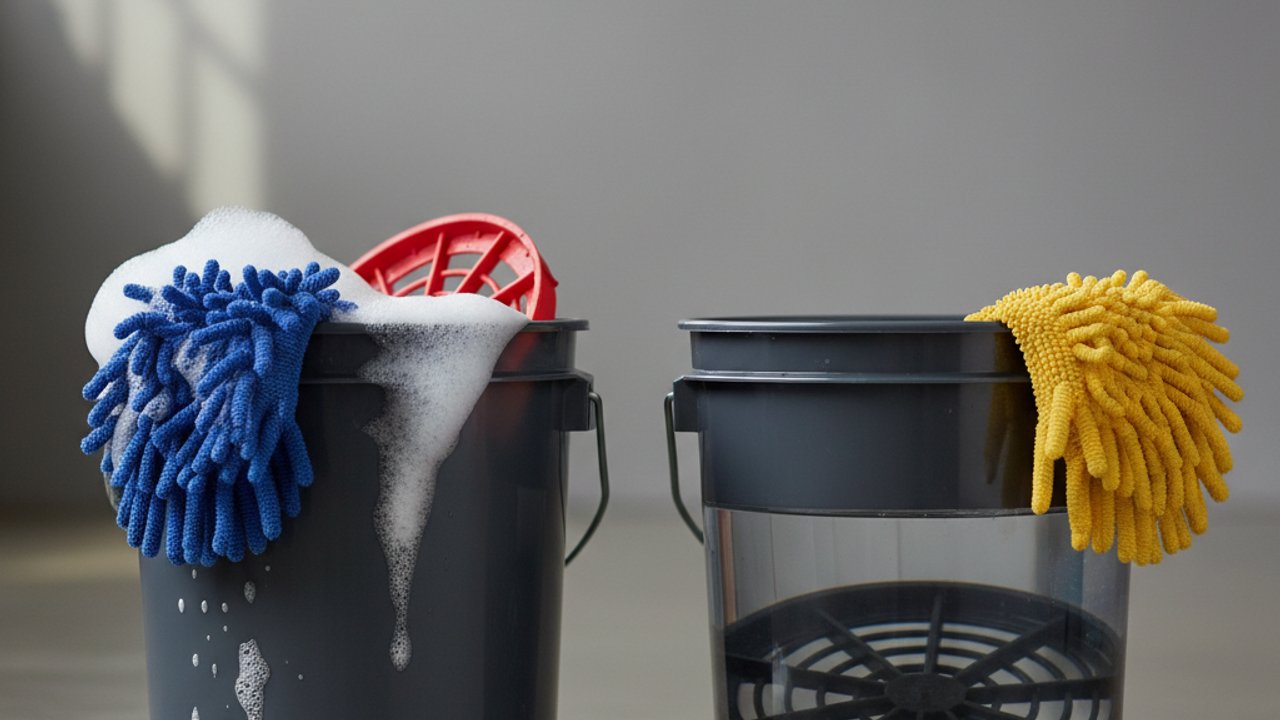 Two bucket method auto wassen met grit guard en microvezeldoek naast een auto