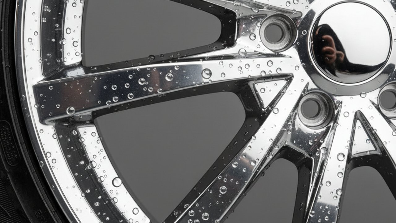 Glanzende velg met beschermende coating aangebracht na het reinigen tegen zout en remstof