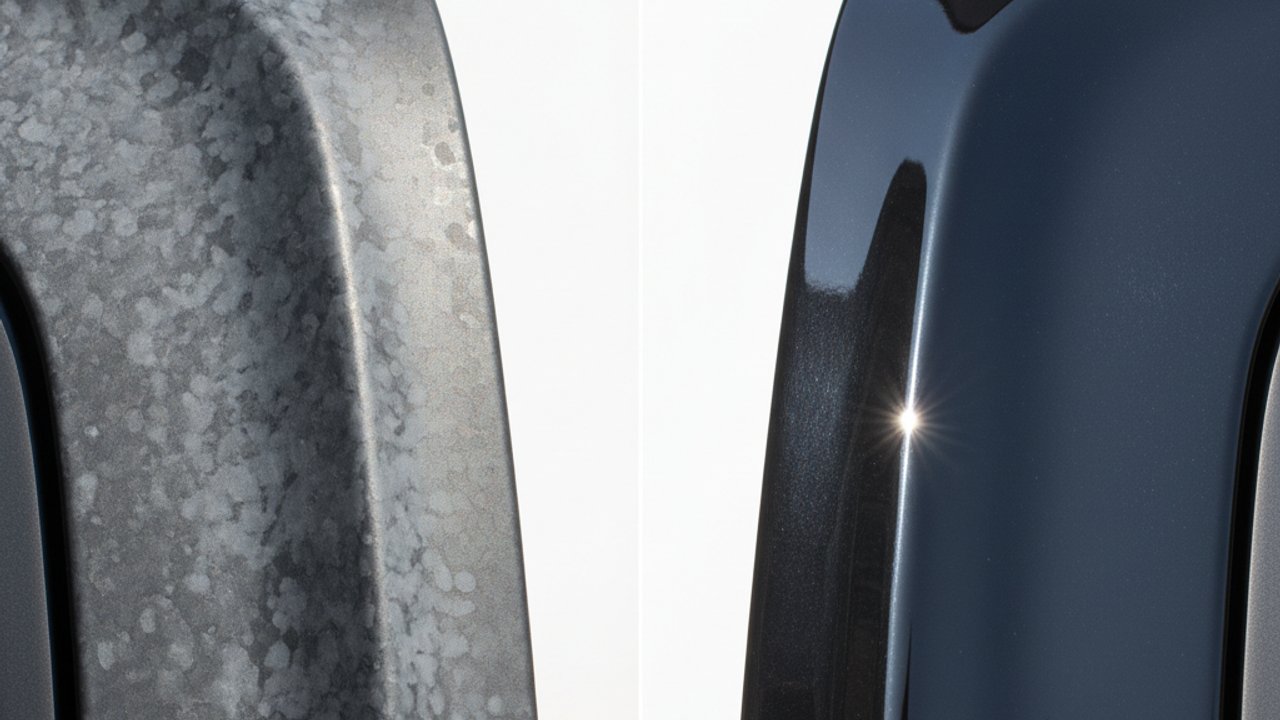 Vervaagd zwart plastic buitentrim op auto wordt behandeld met trim restorer, voor en na vergelijking