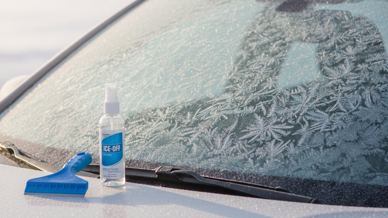 Hand die een ijskrabber gebruikt om een bevroren autoruit krasvrij te ontijzen in de winter